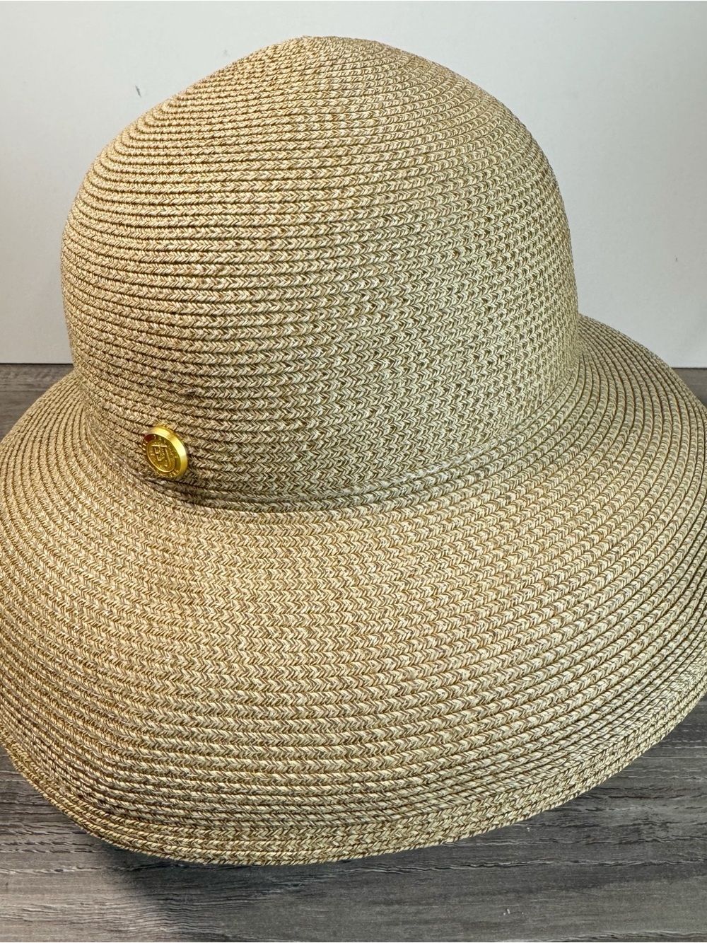 Eric Javits Natural Straw Sun Hat with Gold Logo Accent navy scarf Squishee